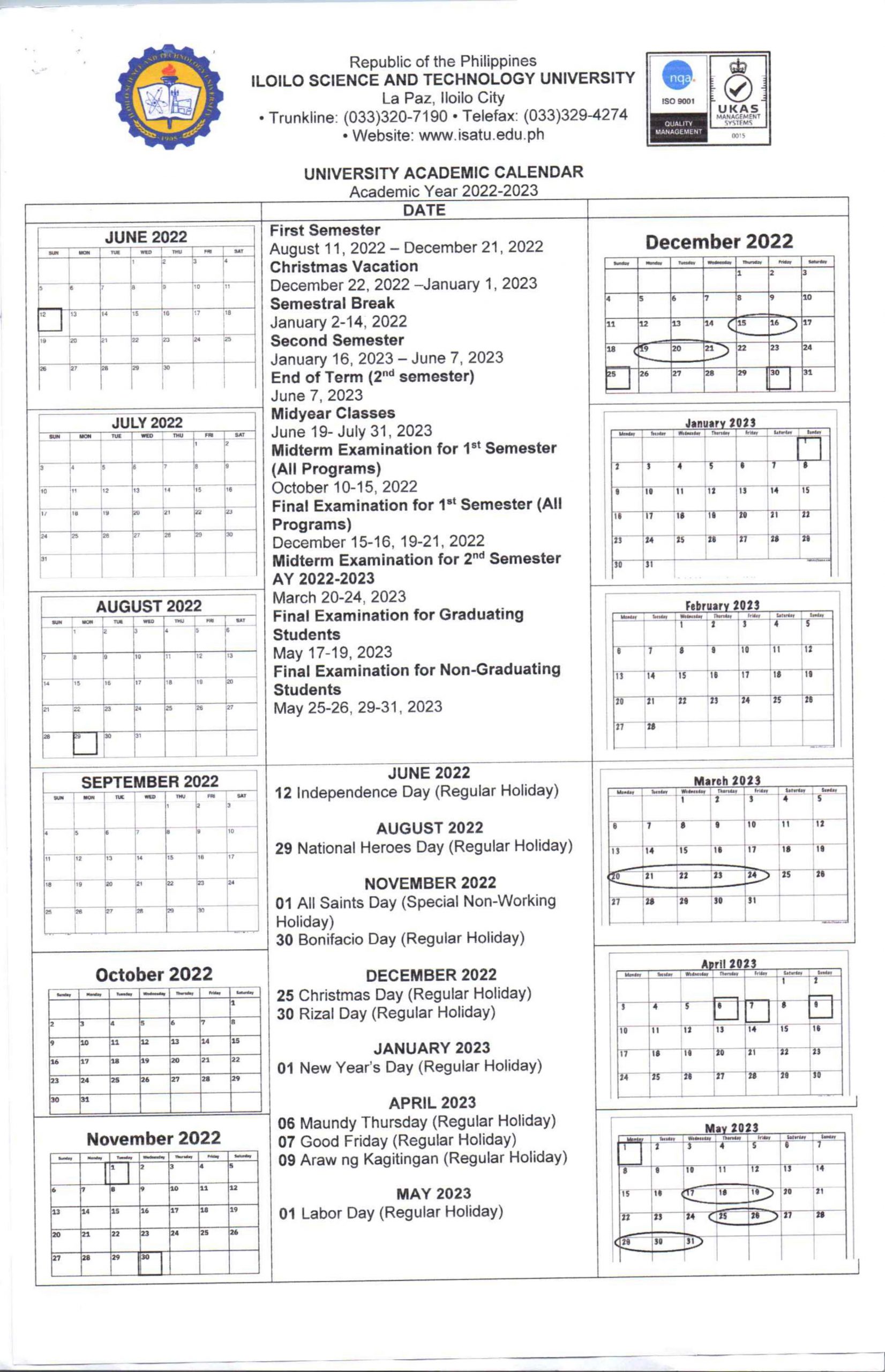 University Academic Calendar Iloilo Science and Technology University